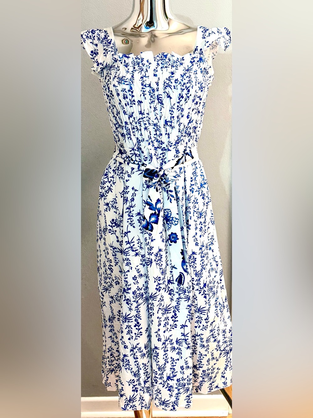 White and Blue Floral Sundress with Tie Waist S